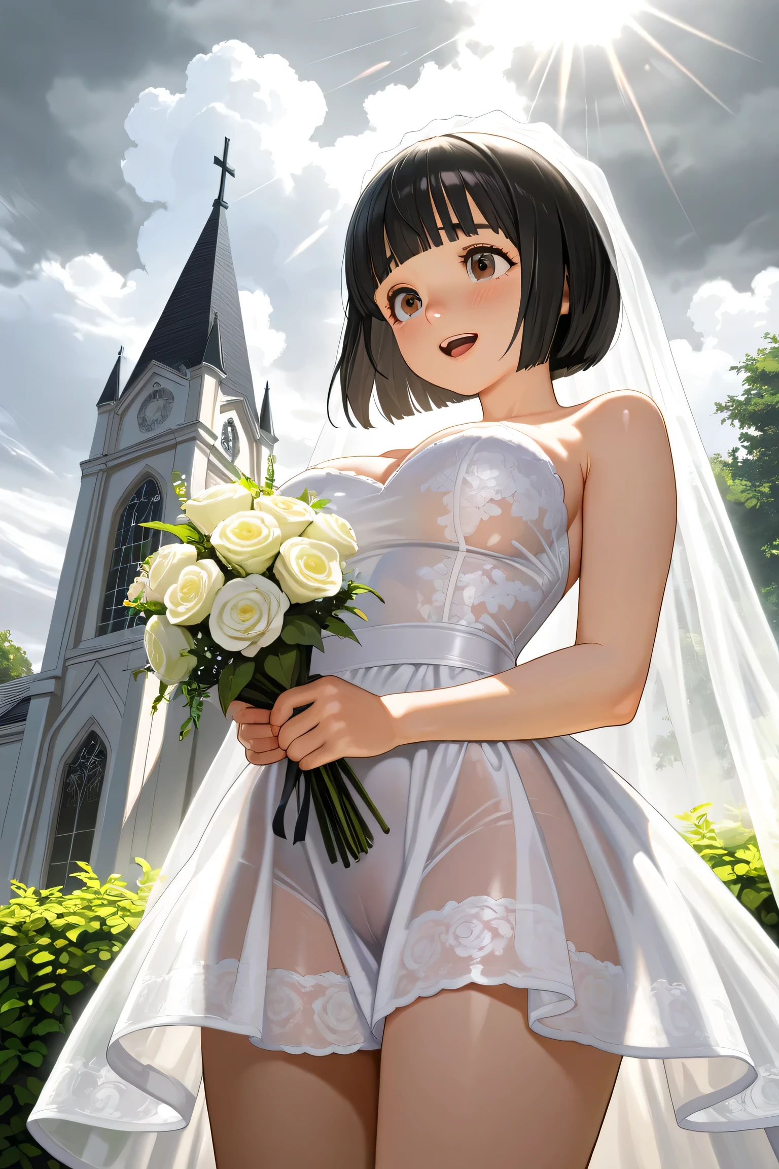 {{{masterpiece}}}, {{{highest quality}}}, {{super detailed}}, {NSFW}, {{very delicate and beautiful、 beautiful and fine eyes}},((Hand in panties)),black hair、medium hair、small curve 1.2、cute 、Wedding dress、church background、holding a bouquet of flowers in both hands、smile、、blush、please keep your mouth shut、、cinematic angle:1.5、