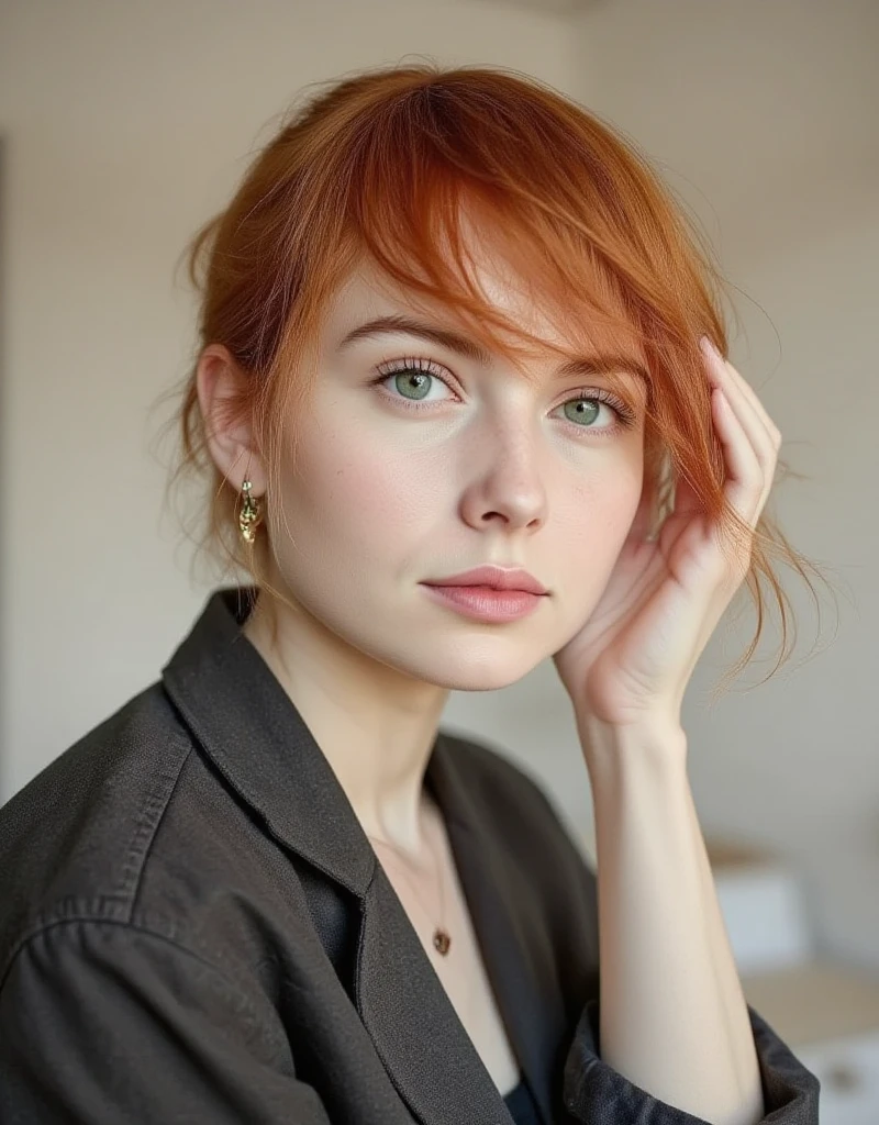 ((melhor qualidade)), ((obra de arte)), (detalhado), perfect face Beautiful and sexy Russian woman with olhos castanhos, short bright orange hair tied into a messy bun, 25 anos de idade, cintura fina, very detalhado, rosto inocente, comprimento do rosto 1.2 vezes a largura do rosto, olhos amendoados, forma quadrada do rosto, high cheekbones, cabelo curto ondulado laranja brilhante, olhos castanhos, high resolution, obra de arte, melhor qualidade, detalhes intrincados, very detalhado, sharp focus, clear detalhado skin, realista skin textura, textura, detalhado eyes, profissional, 4k, sorriso charmoso , filmado com Canon, profundidade de campo, Kodak Vision Colors, corpo perfeitamente ajustado, extremely detalhado, ultra foto, photorealista, realista, post-processing, maximum detail, rugosidade, Vida real, ultrarealista, fotorrealismo, fotografia, 8K ultra-hd, fotografia . Agora, imagine essa mulher com um look branco enquanto curte um clima de futebol. She wears a relaxed black t-shirt from a favorite team, maybe a little loose for a comfortable feel. Correspondendo a isso, She wears shorts or jeans for a relaxed atmosphere, sporty feeling. Her orange hair is still tied up in a messy half bun., mantendo a praticidade e um estilo casual.