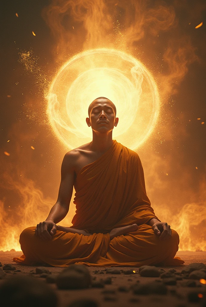 Raise a strong, young monk, he is meditating on a high mountain, he has an Aura around his body, the landscape is chaos, because your country is at war, he measured asking God to end the war