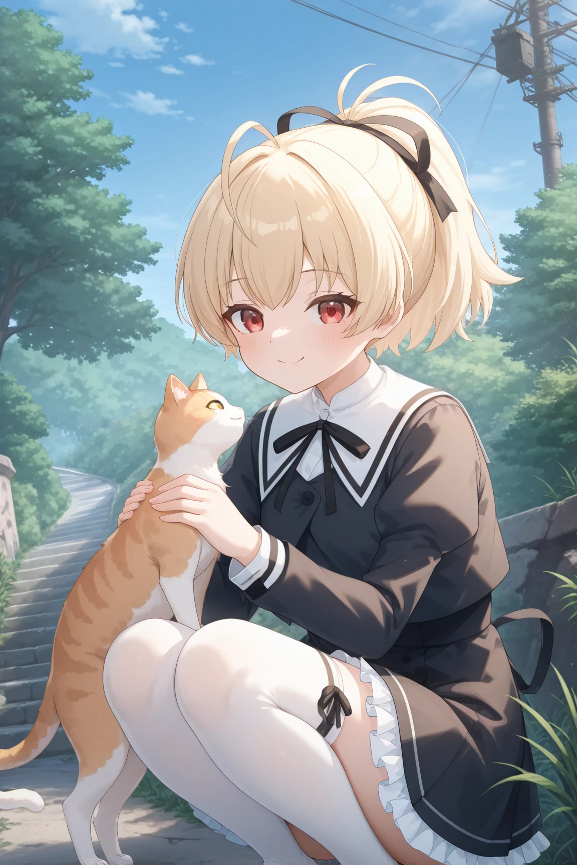 (best quality, masterpiece, highres),1girl,solo,short hair,beige hair,blush,earrings,mini_hat,white hat,microdress,white_pantyhose,sitting,hugging own legs,
outdoors,wind,