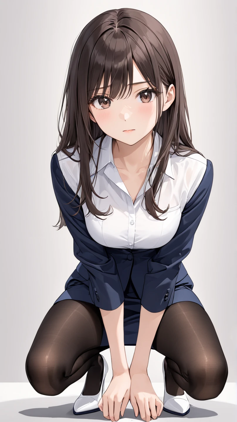 finest, masterpiece, High resolution, (Full body diagram from head to toe), front, Composition from slightly below the front, symmetry, 18 year old tall girl, alone, (whole body from head to toe), (small breasts), Unkempt brown hair, bangs, (black tights), (black pantyhose), (sit with legs spread), (squatting pose), (Composition showing white panties), (her legs spread、I can see white pants.), (I was made to sit on the floor with my legs apart..), (M-shaped spread legs), thin legs, A very beautiful and tall 18 year old girl, (not wearing shoes), blush, shy big eyes, looking at camera, blazer uniform, plaid pleated skirt