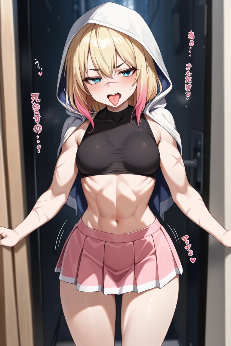 Pink crop top, tight miniskirt, fair skin, blonde hair, blue eyes
