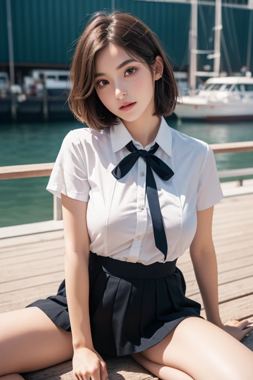 masutepiece, Best quality, japanaese girl, 8K, RAW photo, top notch quality, masutepiece, NFFSW:1.2, Particularly detailed RAW color photos, Professional-grade photos, (Realistic, Photorealistic:1.37), (highly detailedskin:1.2), Ultra-high resolution, (Lenze 50 mm),japanaese girl、a 18 year old girl、Pull Shorthair、blond hairbl、By bangs、with brown eye、Perfect figure、Transparency、The sheen、The sheen、discreet breasts、校服、Navy blue ribbon、Light blue shirt、Navy blue skirt、Hikaru、Burning body、hposing Gravure Idol、on train、Beautiful feet、Strong sunshine、Odious、Rain-drenched body、女優、Carve idol poses、乃木坂アイドル、韓国アイドル