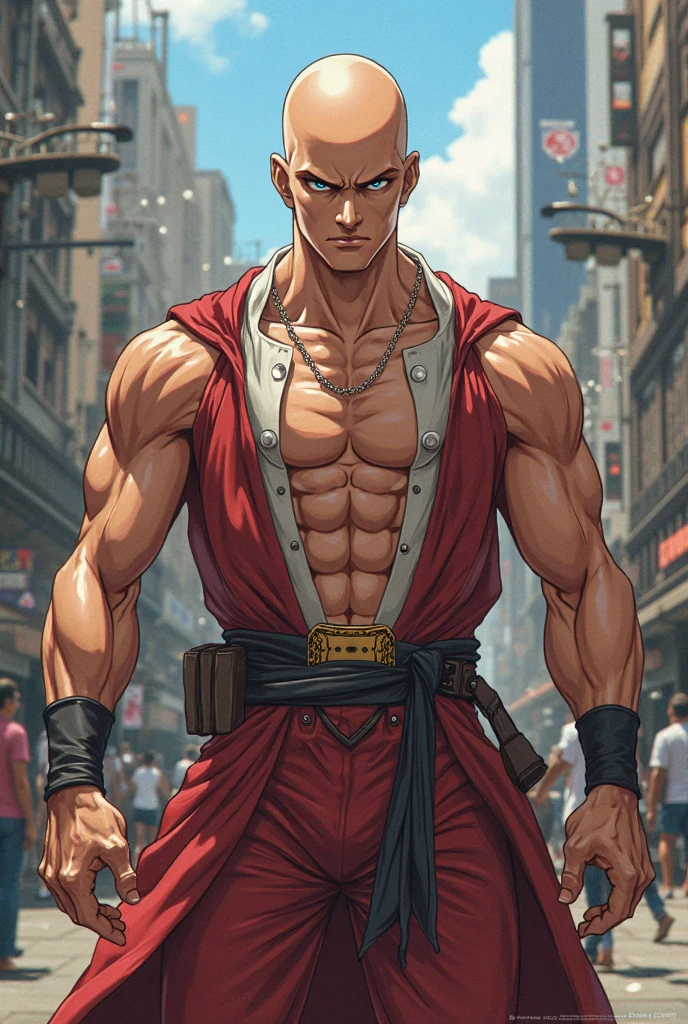 (absurdres, highres, ultra detailed, HDR), masterpiece, intricate details, best quality close-up picture of a character from suikoden, a character with handsome looks, korean face, original hair, short hair, anime blue eyes, smirking face, matured , tim Burton theme, topless outfit showing chest, crop top, detailed horror town setting background, colorful roses scenery, detailed character, art kenouji
