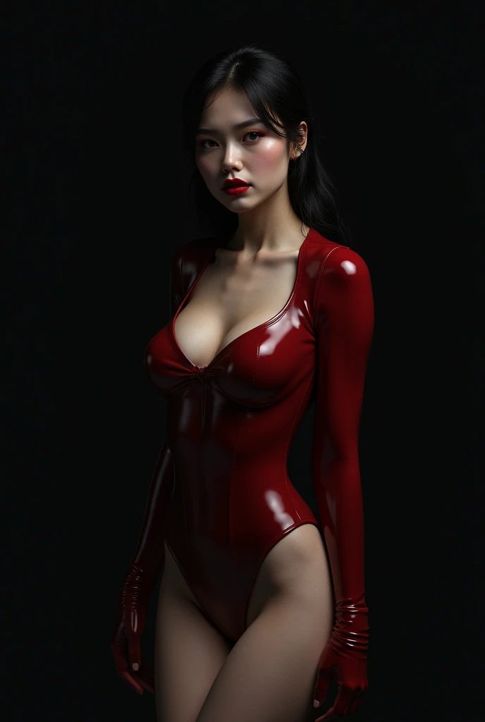create beautiful chinese 3D girl with big chest and big hip wearing attractive hot dress pointing finger to side portrait full body