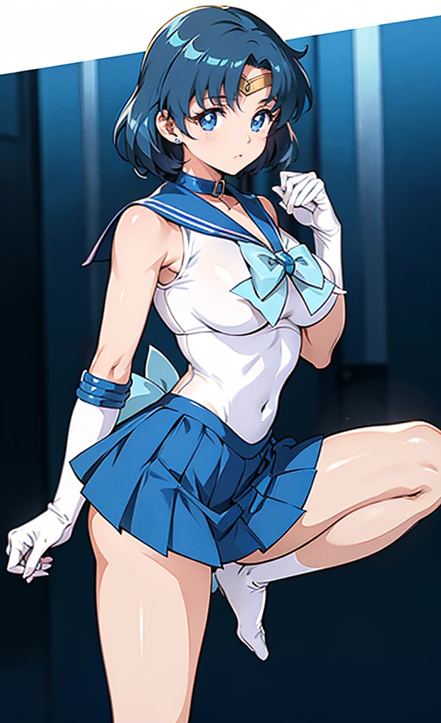 masterpiece, best quality, highres, absurdres, ultra detailed, pretty eyes, mer1, tiara, sailor senshi uniform, blue sailor collar, bow, knee boots, choker, white gloves, blue choker, elbow gloves, jewelry, earrings, blowing kiss, cowboy shot, night, outdoors, moon, smile, city, ((black biker shorts)), ((show cameltoe)), [nipples]
