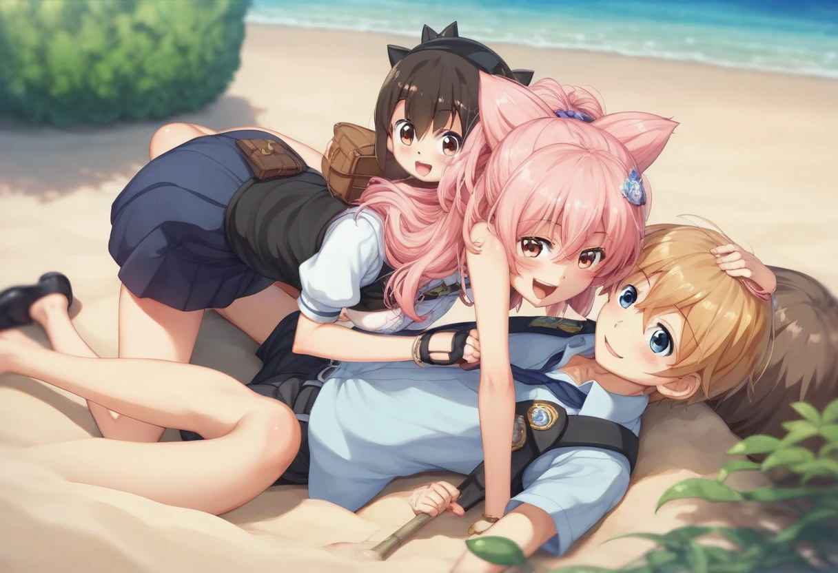 masterpiece, best quality,multiple girls, 2girls, swimsuit, bikini, sailor collar, white bikini, hat, white headwear, short hair, sailor hat, sailor bikini, bikini skirt, sky, closed eyes, blue sky, day, skirt, brown eyes, holding hands