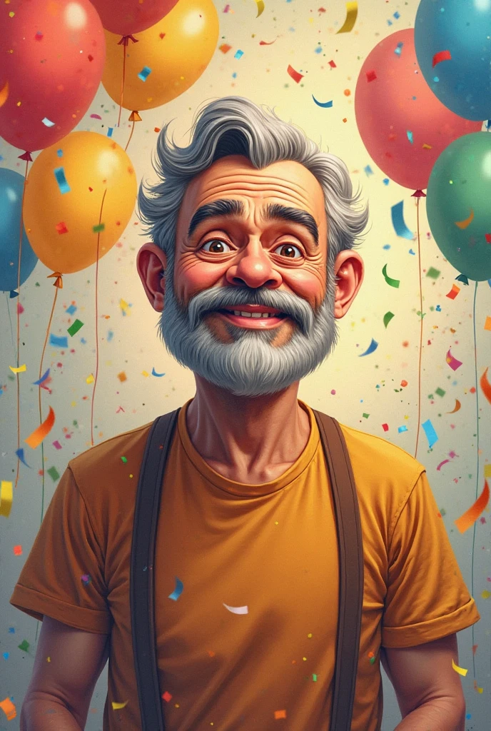 I want an image of a cartoon of a man with short white hair, almost shaved, a little chubby and green eyes, with a coffee in one hand and a beer in the other, wearing a surgical mask with an atom printed on it and in front of him a cake.