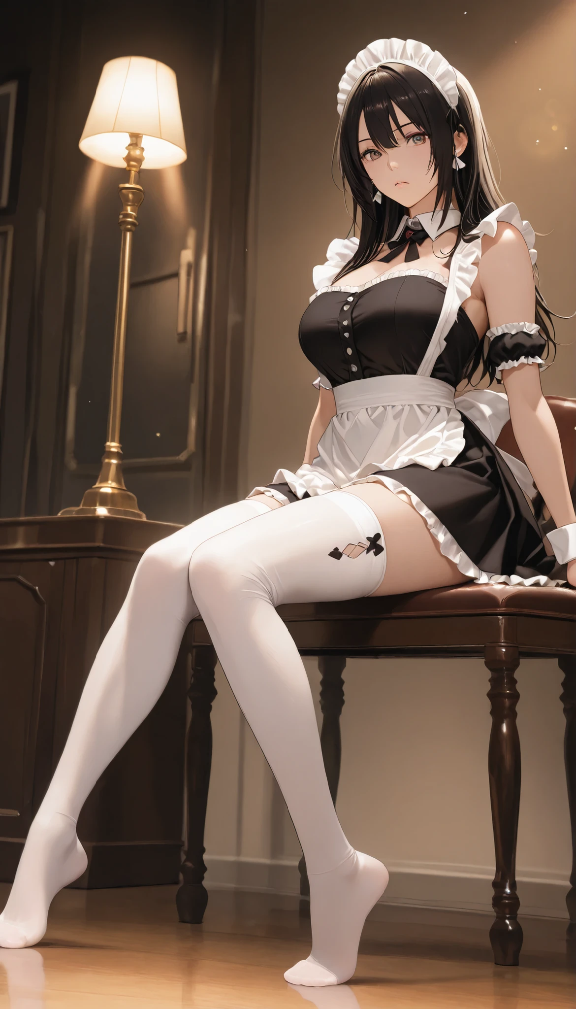 black hair, Honkai Star Dome railway style, An anime girl sitting in a chair, just two legs, Place the left leg on the right leg, White stockings on her legs, white stockings, There are a few drops of white milk on top, No shoes on, Dark background, The girl's eyes looked disgusted, Look at the screen。, Surrealism, 8k, super detail
