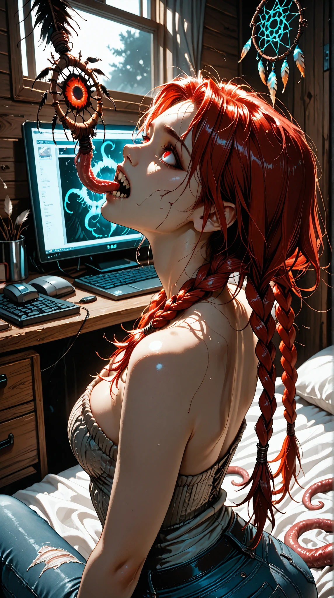 Elf slave girl with redhair standing in front of wall having sex with a man banging her from behind her ass, rape, chained to wall, hands attached to wall, arms raised, girl standing, naked, big breast, puffynipples, girl chained in dungeon, dark and dirty dungeon, embarrassed and crying face, mouth open, eyes closed, tears, stone walls, chains, shackles, dark and humid environment, shackles on wrists and ankles, spread legs, wet pussy, standing sex,