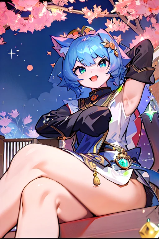 Squeaks is a dark blue girl mouse that has an ombré fade to purple and a yellow-and-white star pattern across their body. she have yellow ears, legs, and tail, and fuchsia blushed cheeks SPARKLE; GLITTER