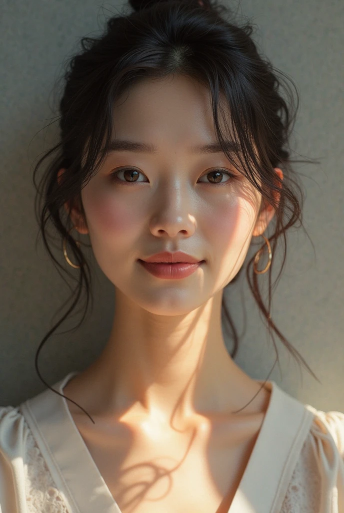 Woman in wet Japan, slight smile, half opened eye, Wet hair in a bun, Wet white skin, Wearing wet white full open button shirt, (realistic photo shot:1.4), (Hyper-realistic:1.4), (Realism:1.3), cleavage, Touching her cheek