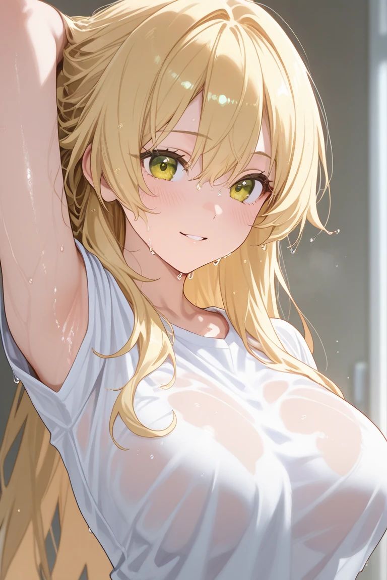 fille , cheuveux jaune , pull vert , sexy , hot , happy , yeux bleu ,