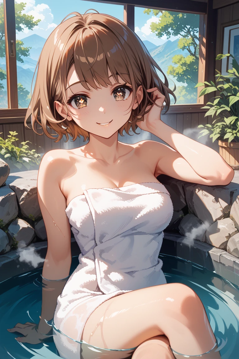 ((Highest quality)), ((High resolution)), ((masterpiece)), (detailed), (photograph), 
View your audience, Written boundary depth, Anatomically correct, １people, Gal, Perfect Face, Cute and symmetrical face, Shiny skin,
(short hair, Blonde), Chestnut brown eyes, Long eyelashes, (Big Breasts:1.1), 
Beautiful details, Beautiful Hair, Beautiful Face, Beautiful clavicle, Beautiful body, Beautiful breasts, Beautiful thighs, Beautiful feet,
((Sunburn on skin, Roll a towel around your body)),
(Beautiful views), Mountain, Open-air bath, (smile), 