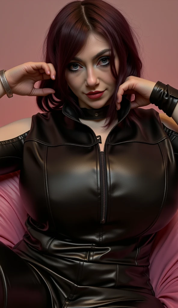 Mujer arafed con un tatuaje en el pecho y el pecho., better known as amoranto, amoranto, impresionante primer plano, sonrisa sensual, amoranto as a super villain, entintado, angelablanca, chica sexy con ojos verdes, vistiendo un traje ?????, vestido con chaqueta de cuero, ella usa chaqueta de cuero, sonrisa seductora, escote