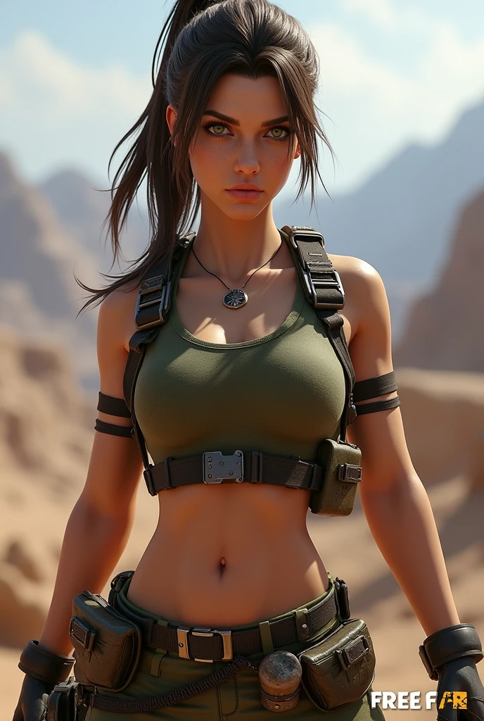 best quality, super fine, 8k, game, tomb raider, beautiful lara croft, crop tank-top, costume, abs, equipment, cliff, mountain path, valley floor, river, landscape