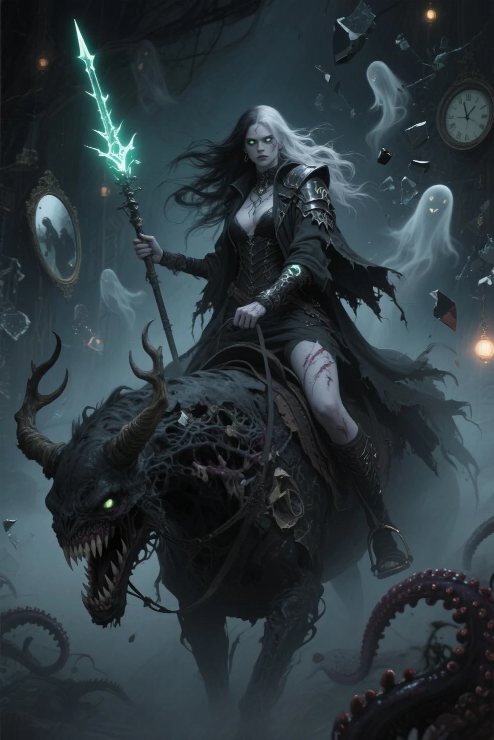 Gothic vampire girl, black gothic clothes, sexy in the cemetery, she is holding a spear, fully body, movement pose