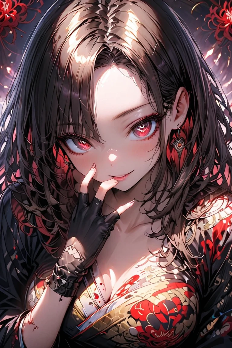 (open arms, hand hold purple flame), (close-up face) (solo straight black hair long hair cute femdom girl, 17 yo, cute red eyes, rouge lips, lovely smile, bigboobs), in a no-exposure cherry dress, break, perfect ???????, masterpiece:1.4, best quality, 8k, beautiful detailed grow, daydreaming expression, background is castle entrance.