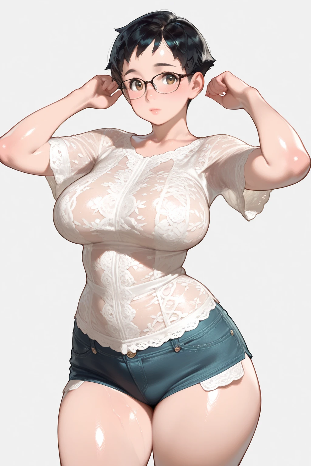 a female anime character in bikini, full bikini, 1girl, glasses, smile, short hair, multiple views, white background, looking at viewer, simple background,  red eyes, huge_breast,