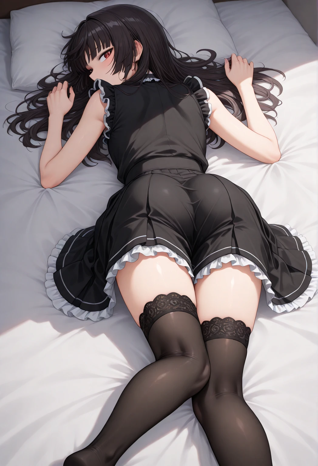 1 chica junkotvv,pelo negro,ojos rojos, orejas de gato, mucama,coletas,tareme eyes,yandere,sentado en la cama,2piernas,enfoque de piernas,manos en el muslo, diademas en forma de x,Desde abajo,ojos medio cerrados,jitome,Rubor, boca abierta,perspiration,vapor,bare pies,2pies,pies,(cinco dedos del pie1.5),soles of pies,pies focus,perspiration,vapor