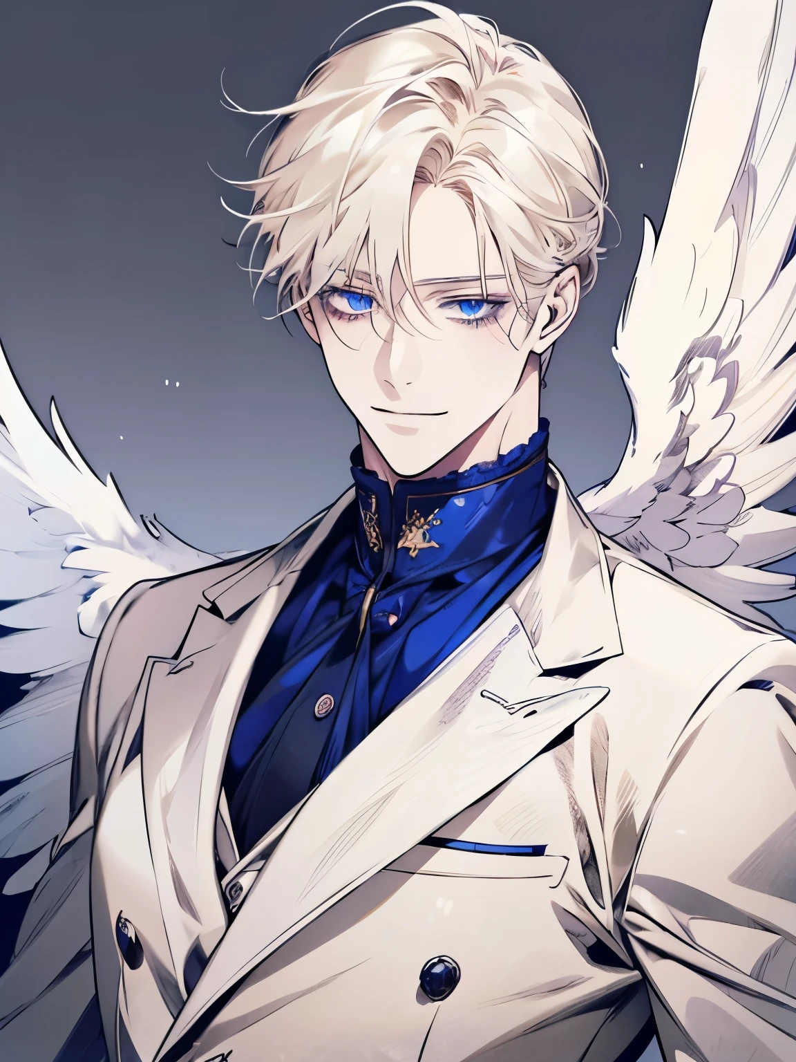 1 person, solo, Blonde hair in an anime with eyes covered by a white bandage,  clean animated outlines , Man with white hair and blue eyes wearing a white suit, Man with huge angel wings, man anime style,  smiling face , Heaven background,  high quality background , beautiful background, bright lights,  dramatic composition ,