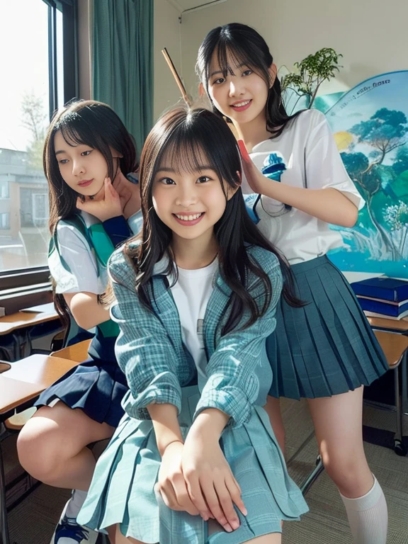 masterpiece、Highest quality、Accurate depiction of face、Short Hair、Smaller face、Cute elementary and junior high school students、transparent、Three elementary and junior high school students playing together、Girl with a well-formed face、Happy face、((High definition image quality))、Perfect elementary and middle school student smile、Group of elementary and  posing、Shameless、transparent、Vinyl white transparent leotard、(((It sticks to the skin)))、(((Soaking wet)))、Smaller face、Flat  、Frolic in the men's toilet、Thighs、(Photo above from between the thighs)、Spread your legs wide.nsfw.Beautiful girl idol