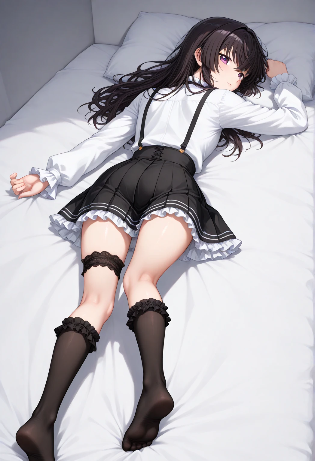 Full body of one schoolgirl、slender body shape、Slender lower body、slender legs、The toes are slightly open、Sleeping facing the front on a white bed、brown haired、Longhaire、blushing、Shy eyes、small tits、Underwear、Thigh-length black sheer stockings without shoes、Black stockings、She wears pure white panties under her stockings.、Wearing a pure white bra、White blouse is open、inside in room、masterpiece、top-quality、best、超A high resolution、intricate-detail、An ultra-fine illustrations、perfect anatomia、Correct ???????、perfectly proportions、face perfect、perfect hand、perfect leg、perfect fingers、18year old、
