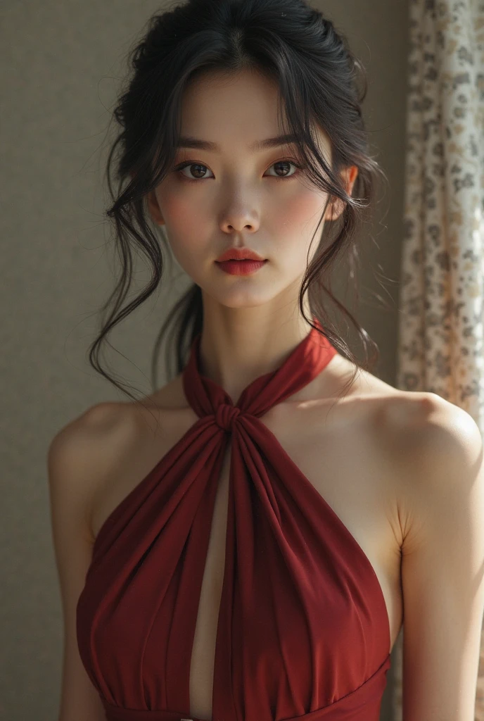 Ace, 4k, High Resolution, Masterpiece, Best Quality, Head: 1.3, (Korean K-pop Idol), Delicate Skin, Sharp Focus, (Cinema Lighting), Clavicle, Morning, Soft Light, Dynamic Angle, [:(detailed face:1.2):0.2], armpit wrinkles, thigh gap, red dress, slim, mid-chest, cleavage, full body,