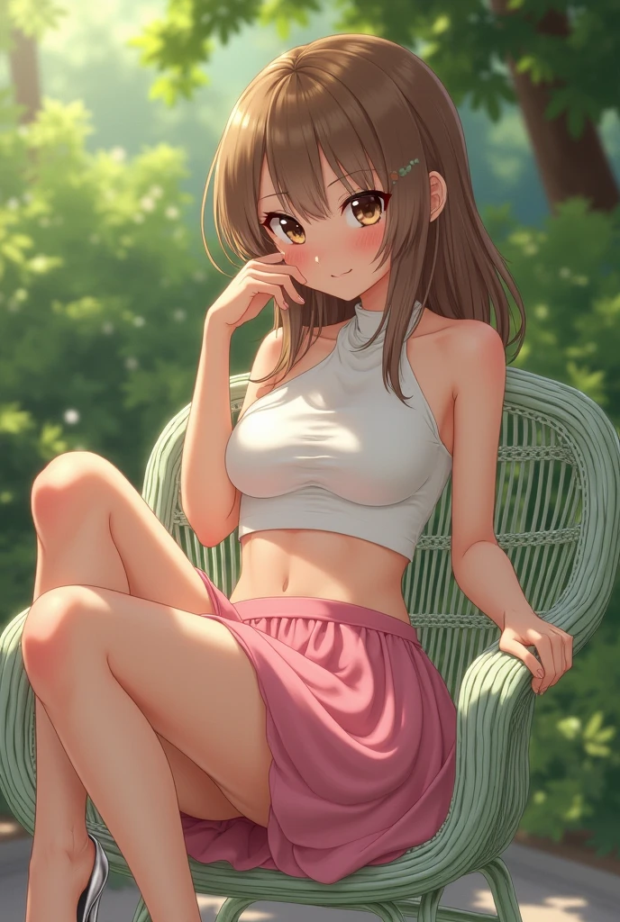 beautiful girl(Twin tails、Sparkling eyes、Droopy eyes、The nasal muscles pass through、Detailed young face、Provocative smile、 Body Type、Milk in a bowl、Light blue shorts)In the park, she spreads her legs in an M-shape to show her underwear(Embarrassed face)