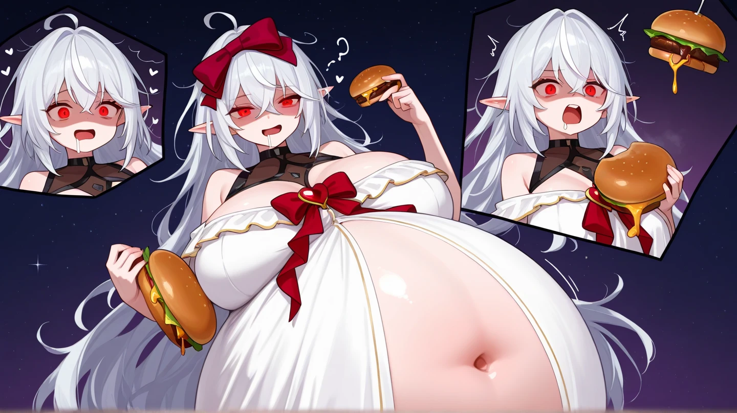kannakamui, dress, dragon horns, hair beads, low twintails, pregnant:1.2, torn cloth, rape, BREAK, sitting, open mouth, holding parfait, fancy, hart sparkle, indoors, home, living, home appliances, sofas, relax on the sofa, sitting, table, eat it, sweets, holding, (desserts),