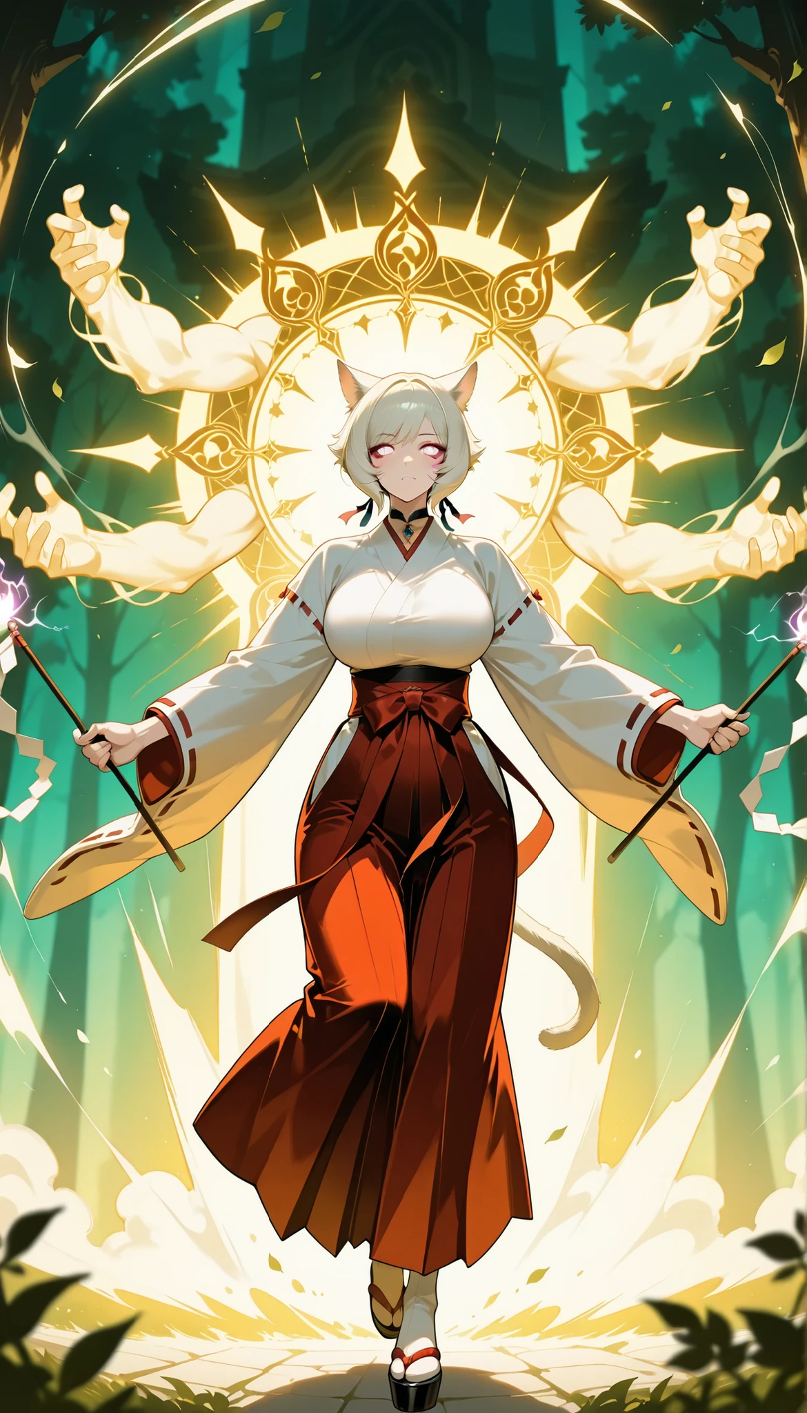 masterpiece, best quality, ultra-detailed anime style, 2.5D cel-shaded rendering, cinematic lighting, high contrast, dynamic perspective, vivid red and white color balance,
a powerful and voluptuous cat-eared woman inspired by Y’shtola, wearing traditional Japanese miko outfit: flowing white kosode, vivid red hakama, wide red sash fluttering dramatically, long white-blonde bob haircut with high volume, soft cat ears matching hair color, no visible human ears, large sagging breasts (垂れ乳爆乳) subtly pressing against the inner robe, mature and composed facial expression with mystical intensity,
she holds a glowing ceremonial gohei (大幣) in both hands, arms extended in an exorcism stance, golden and silver shide strips fluttering with spiritual energy, glowing with sacred light,
in front of her stands a grotesque demonic spirit — an entirely separate character from her, clearly non-human and not female — a towering, shadowy entity with glowing eyes, monstrous twisted limbs, floating oni masks, and black smoke trailing from its body.
There is no resemblance to the protagonist. The spirit is exaggeratedly large and radiates malevolent energy, surrounded by cursed mist in a ruined forest shrine under moonlight,
spiritual force bursts from the gohei, leaves scatter from the shockwave, her hair and sleeves flaring from power, as she braces with fierce elegance, divine energy clashing with darkness
camera angle: dramatic low-to-high shot, placing the viewer behind her shoulder, looking up at the confrontation between holy priestess and monstrous evil