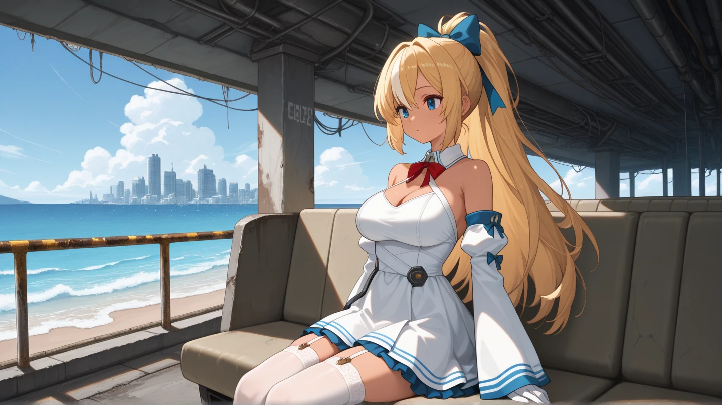 Girl in a white outfit, slim, long blonde hair, short white skirt. Embarrased face. Flustered, big breasts, cute face,