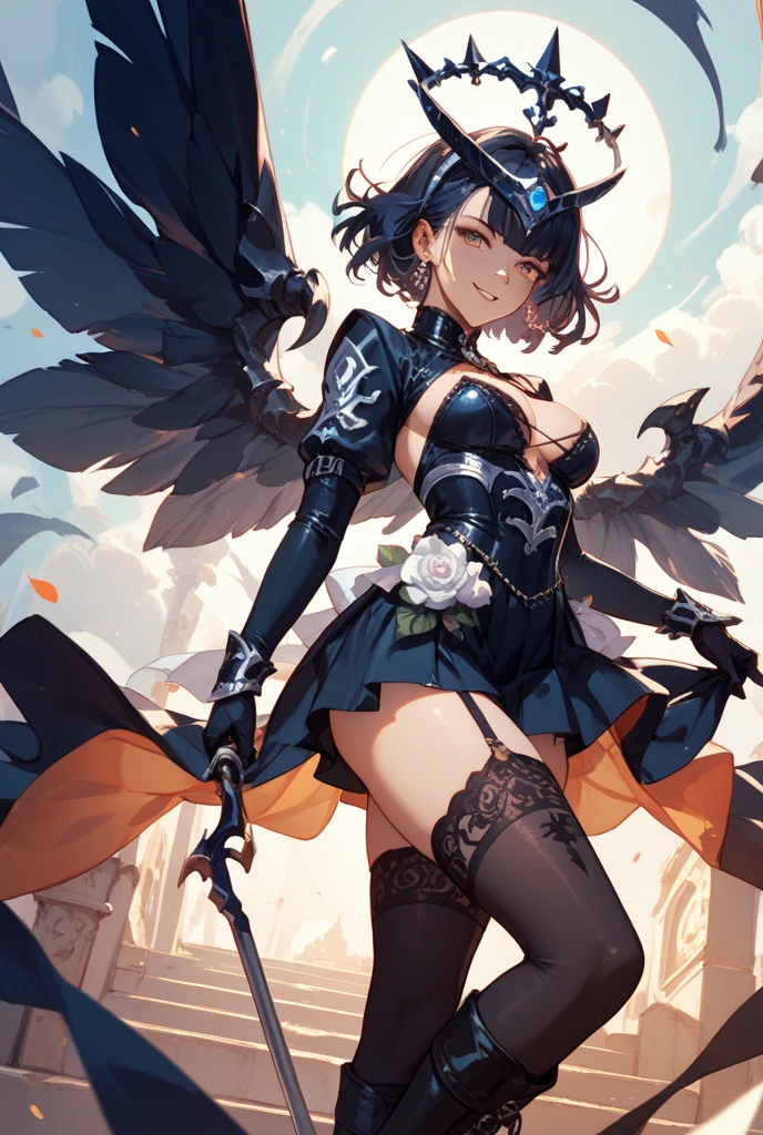 A beautiful harpy girl with short and blue hair, blue wings yellow eyes, and a gentle smile. She is wearing a thong and a skirt.