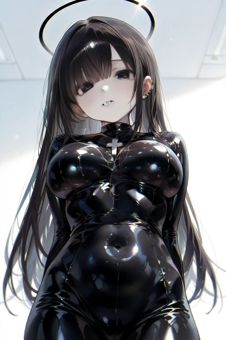 high quality, masterpiece, super detailed, 1 girl, extremely detailed faces, gagged,gagged,Christmas black latex full body suit,black gloves,black christmas stocking tiara,gagged,BDSM,handcuffs,collar,Calm expression,Smile,handcuffs,collar,long black hair, Charming pink eyes, fox ears, ridiculously big, skin shiny, sitting on the snow,Cover your chest with your hands,Bright Christmas night scene
