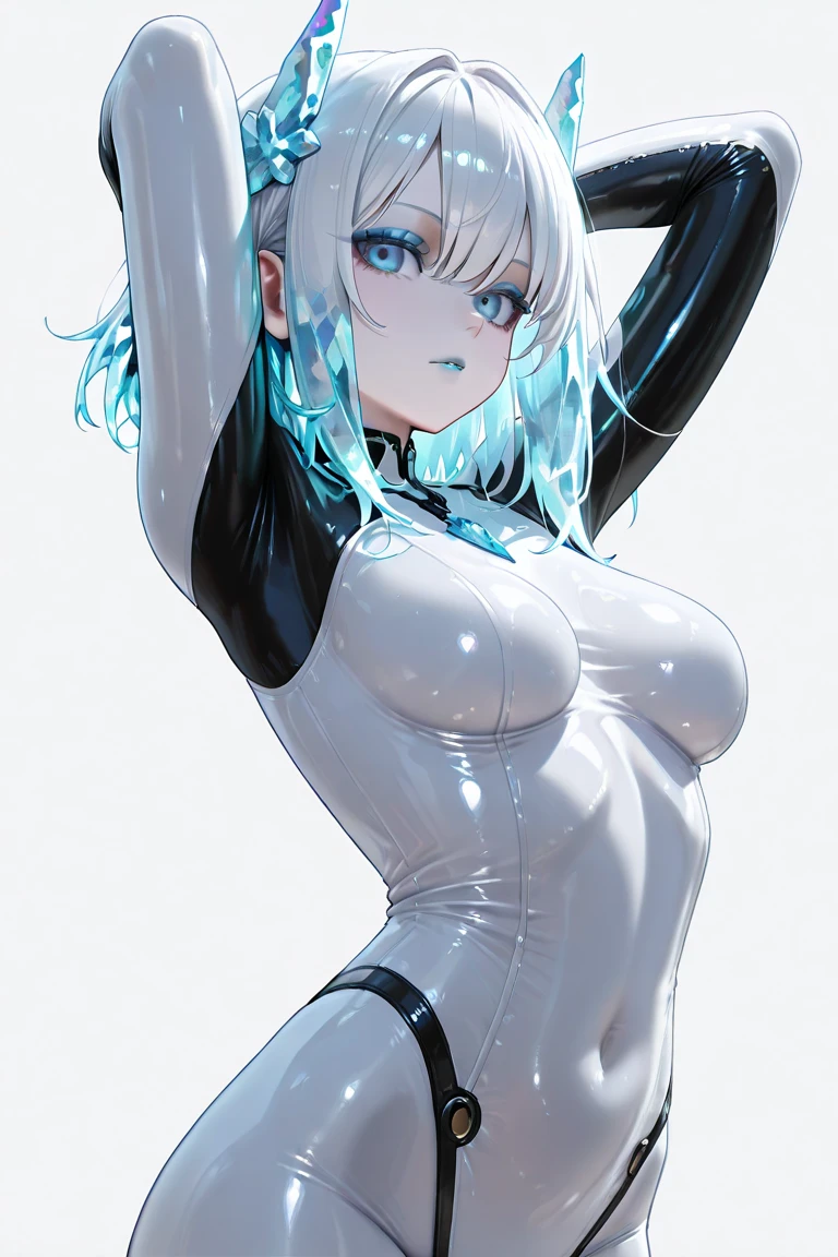 colorful, mature, 1girl, white hair, ((dark skin)), yellow eyes, see through bodysuit, swimsuit