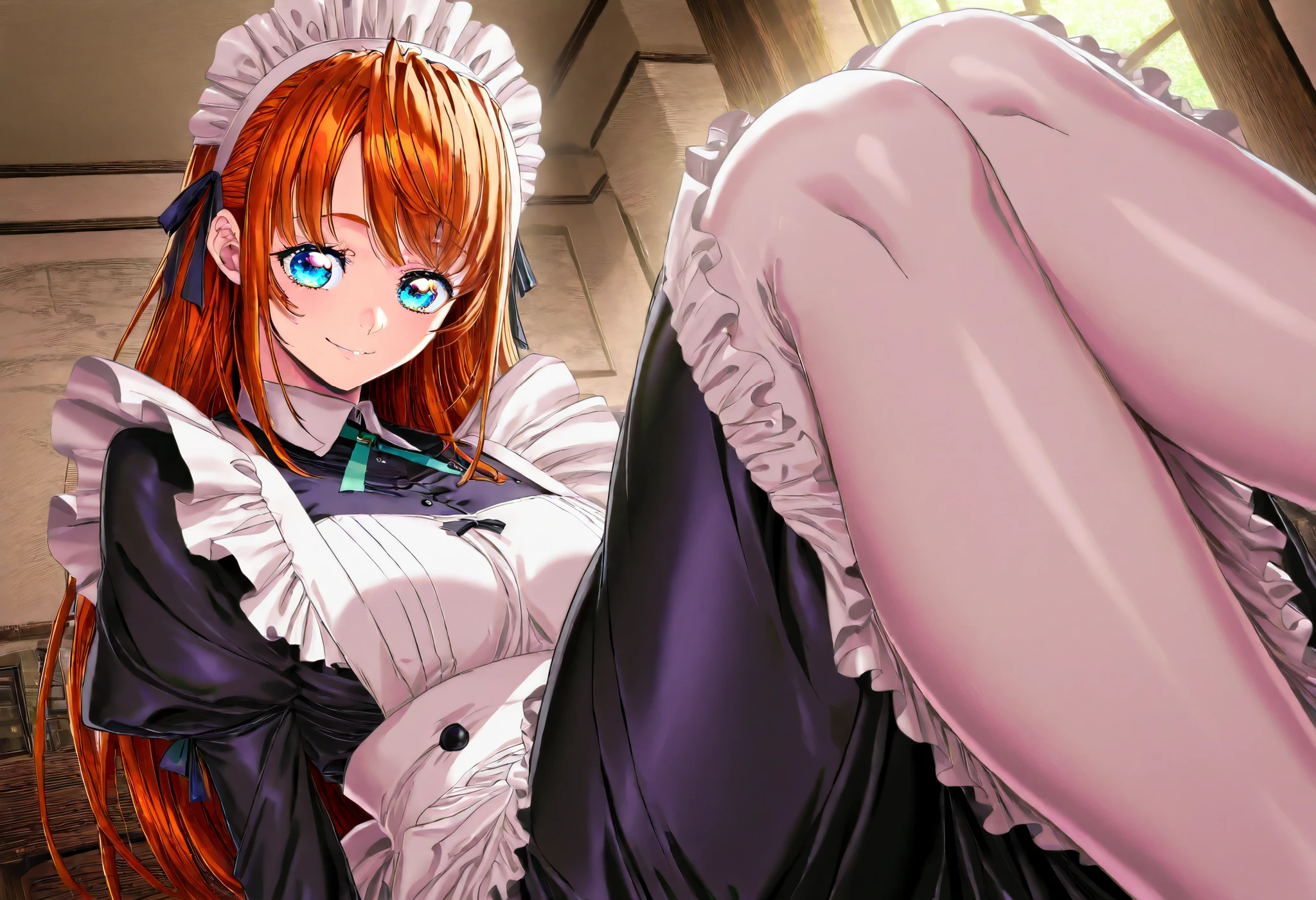 (Yokota Mamoru style),charming smile,(portrait :1.4)Girls staring at rabbits、Maid Outfit、sitting、flare skirt、 detailed eyes drawn with an embarrassing expression、masterpiece、Highest Quality、uncensored、4K、8k、high resolution、masterpiece、extremely detailed depiction、realistic、HDR、studio lighting、Super detailed depiction of sunlight、Professional