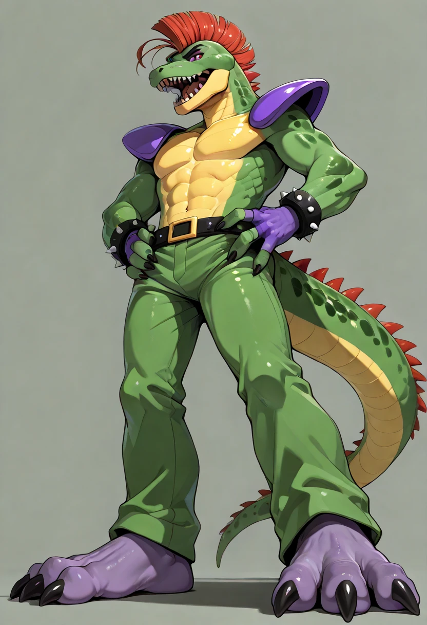 shendu, anthropomorphic eastern dragon, 3/4 view, simple background, thong, crotch bulge, topless, broad chest, muscular, handsome, accurate, male, solo, best quality, scalie, red eyes, pronounced horns, simple detail, green scales, yellow chest, thick tail, green scales, yellow scales, pecs, highres, looking at viewer, arms behind head, waist up