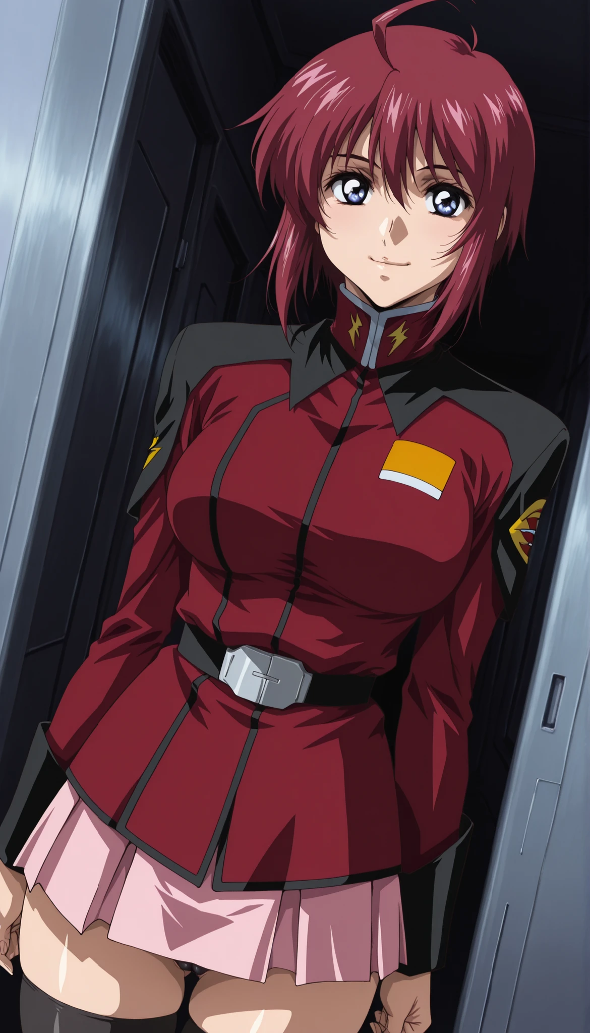  score_9, score_8_ up the side, score_7_ up the side, score_6_ up the side, score_5_ up the side, score_4_ up the side,Anime coloring, source_Anime,(masterpiece:1.4),solo,(完璧な人間の女性:1.4),young female,anime, NSFW,portraits, 8k,realistic,big eyes,(feature large highlight:1.4),(big highlight:1.4),(Aesthetic Anime Eyes:1.4),(口を閉じる:1.4), (closed mouth:1.4),daytime,rating_explicit,upper body,Luna Maria, ,1 girl,Alone,blue eyes,Red Hair, ahoge,short hair,stupid hair,destiny red jacket,belt,pink miniskirt,pleated skirt,black thighhighs,cameltoe,black thighhighs,grin,(large breasts:1.4),game cg,dutch angle ,beautiful detailed eyes,(微笑み),