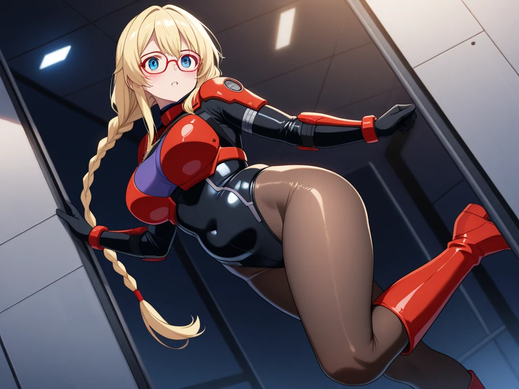 high quality, masterpiece, detailed, Touhou, Moriya Suwako, (blue latex suit), The clothes fit perfectly, latex has a strong metallic sheen, Glossiness, shiny, sweat, steamy, whole body slimy, blond hair, yellow eyes, sidelocks, red hair ribbon, lewd face, Spread legs, Close-up on crotch, Erection under cloth, her Penis Visible through clothing,
