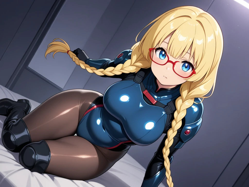 Taiwanese idol girl　Mature Woman　Blonde wavy hair with bangs　(Bright red rouge lips)　Big Breasts　超Big Breasts　Chubby　Plump　Big Butt　Wet ass　((Rimless glasses))　　Big eyes　((Super wet and shiny navy blue school swimsuit))　((Knee-high boots)) garter belt　8K　Photorealistic　Dark torture chamber　((eye contact))　((stick out your butt on all fours))　Depicted from above　