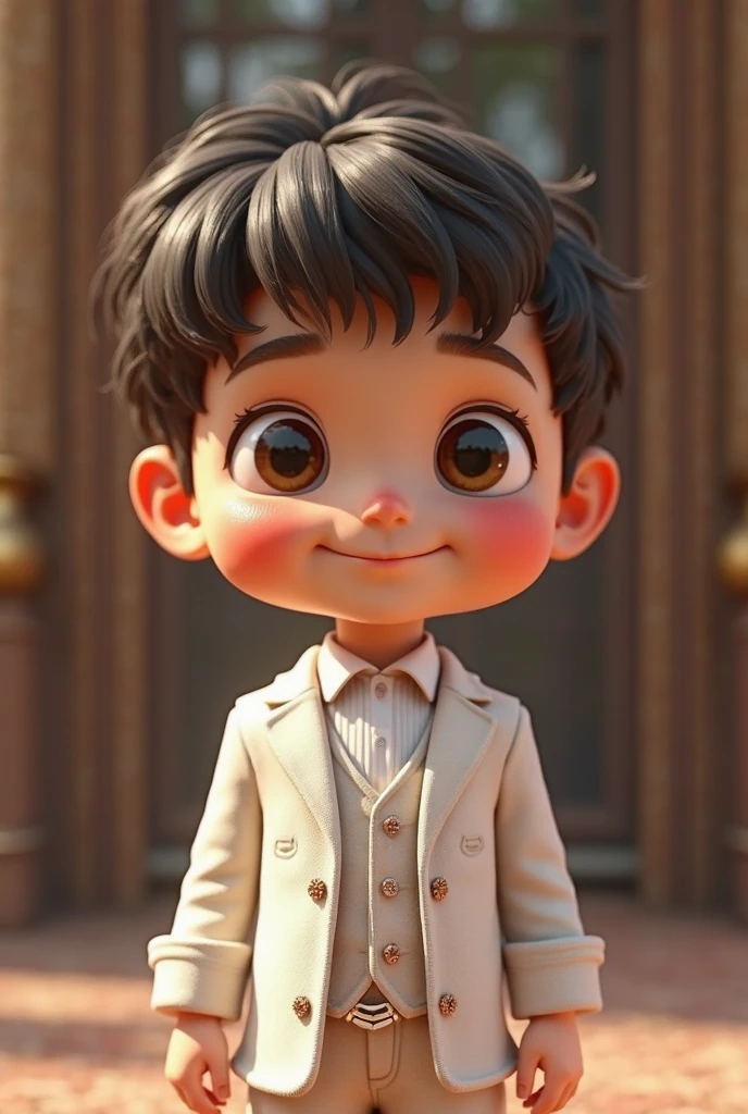 White coat wear a adult boy sitting on chair with write a tag name at back of wallpaper behind the chair with happy Krishna Janmashtami with krishna photo