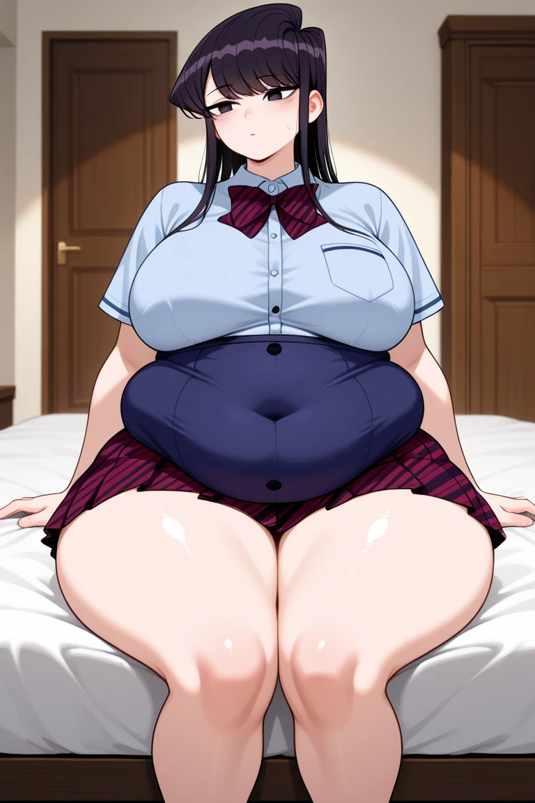 (masterpiece, best quality), 1girls, big belly, blurry background, huge belly, art by kipteitei, round belly, chubby, curvy, white button-up shirt, skirt, thighhighs, simple_background, gradient_background, belly bursting out of shirt, belly grab, enormous belly, fat belly, thicc, bigger belly, sitting on chair, really big belly, jiggly belly, shirt covering belly, belly cover by shirt, glasses