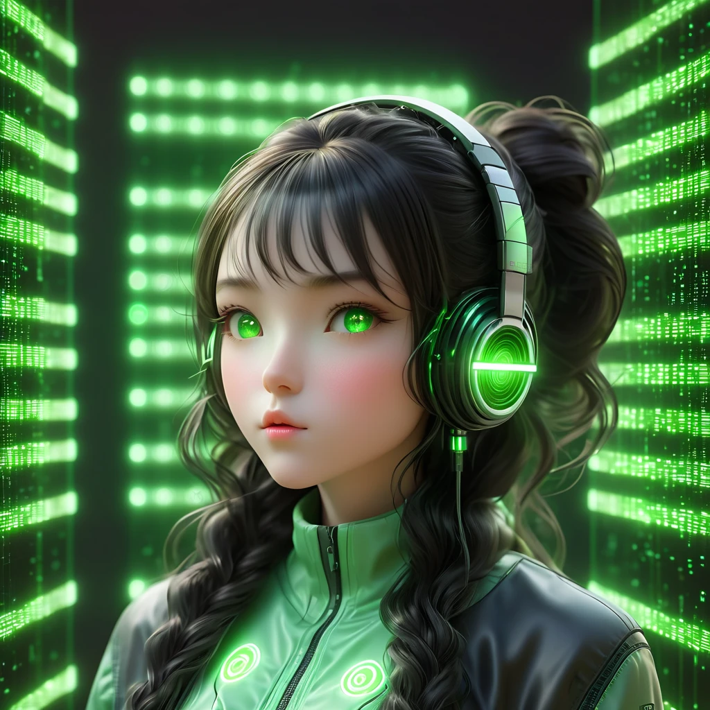 Russian child girl long dark hair straight, put on headphone jack and change into a cyberpunk green coat but do not change the face, gray background. --auto --s2