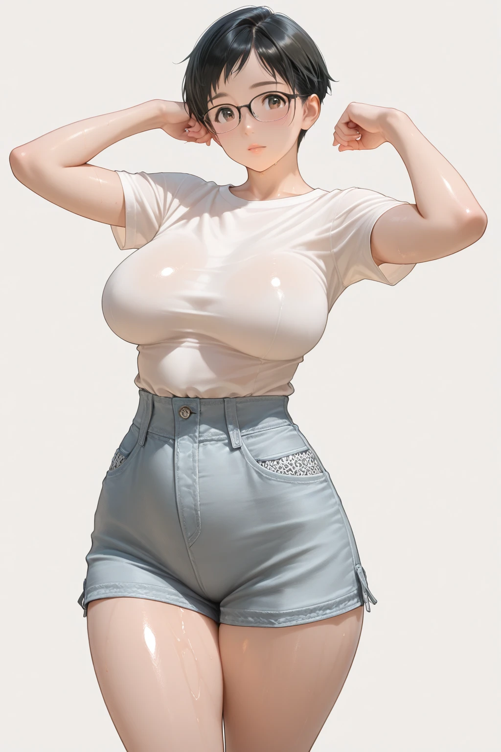masterpiece, best quality, 1girl, solo, invisible, white jeans, white shirt, turtleneck shirt, sleeveless shirt ((((no humans)))), (headless), faceless, empty clothes, anime, curves, focus on breasts, closeup on breasts, zoom on breasts, medium breasts, visible_nipples