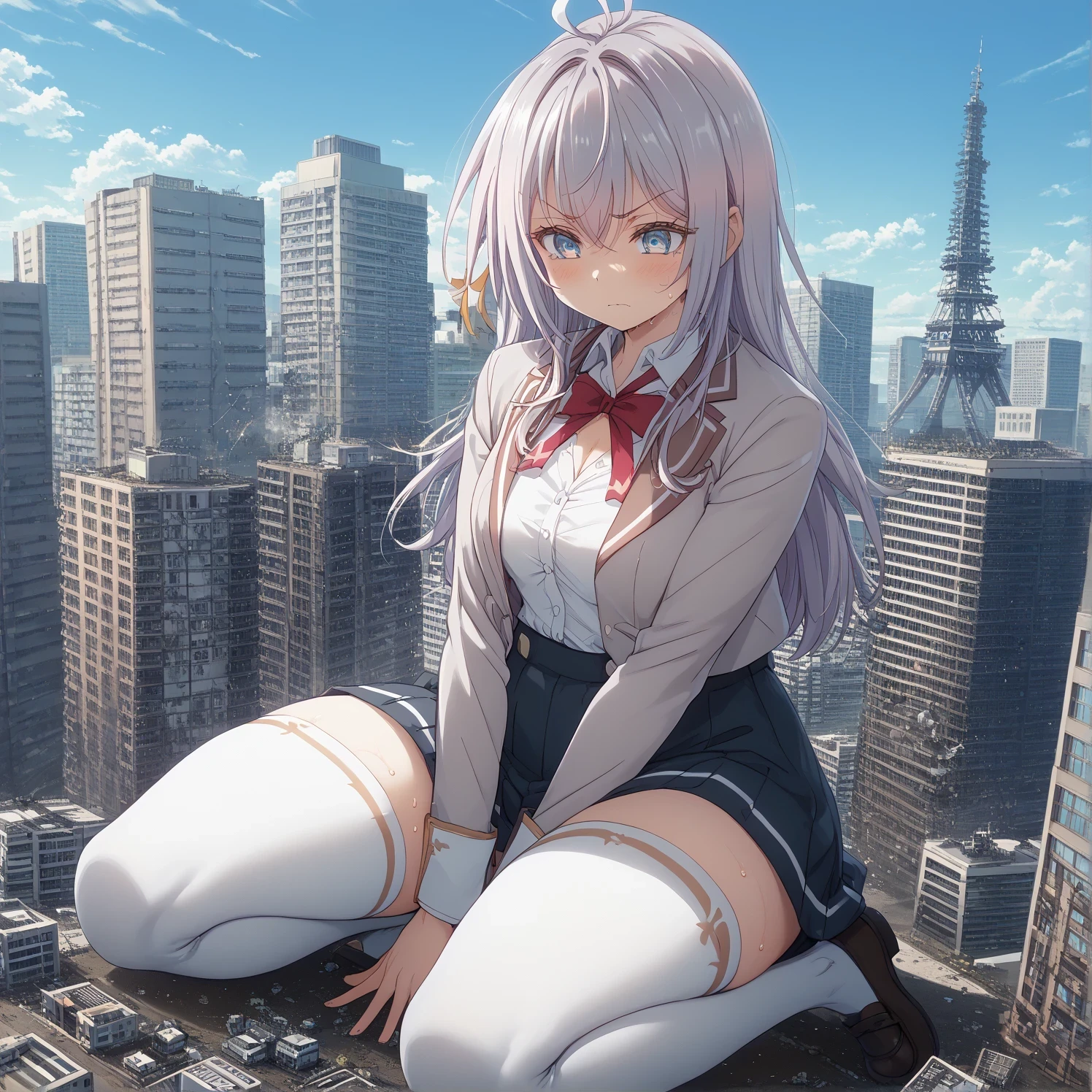 A girl bigger than a skyscraper、stare at me、Cheerful Genmiya、Female Giant(1 million kilometers long)、 、press your chest against the city、Destruction、Destruction、Erotic expressions、expose your chest、 Valley Emphasis、徹底的に街をDestruction、The building collapsed 、masterpiece、Highest Quality、uncensored、((((big ))))、plump thighs、blazer after face、loafers、Sweat it out、Tower crane、Big Explosion、Tokyo Tower、Port town、cyberbank、
