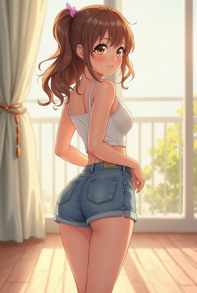 highest quality、Elementary school student bra、Beige shorts、Cute appearance、Stretch your legs in the room、Armpit sweat、Grass、??????? face,(Attractive person), (girl1name), (Highly detailed face, smile) ,, (日本のgirl), Slightly round face, (Tan brown face:1.6), cute, Big eyes、2D,highest quality,(masterpiece),(((whole bodyが映る))),(((whole body))),(wavy-medium hair:1.6),(hair over one eye:1.3),((Chestnut brown hair)),Healthy brown skin,((Denim hot pants)),Leather Belt,Pink Tank Top,Shining bare feet,barefoot,Beautiful brown eyes,Attractive thighs,Sloppy body type,Bedroom,get drunk,Upward glance,cheeks are bright red,あざとcute,Sexy as hell,Erotic look,whole bodyに汗の大きな滴,humid,Waistline、My Room、(Standing pose),(Front angle:1.2),Poses that accentuate the buttocks,Angle to emphasize the buttocks,Toes