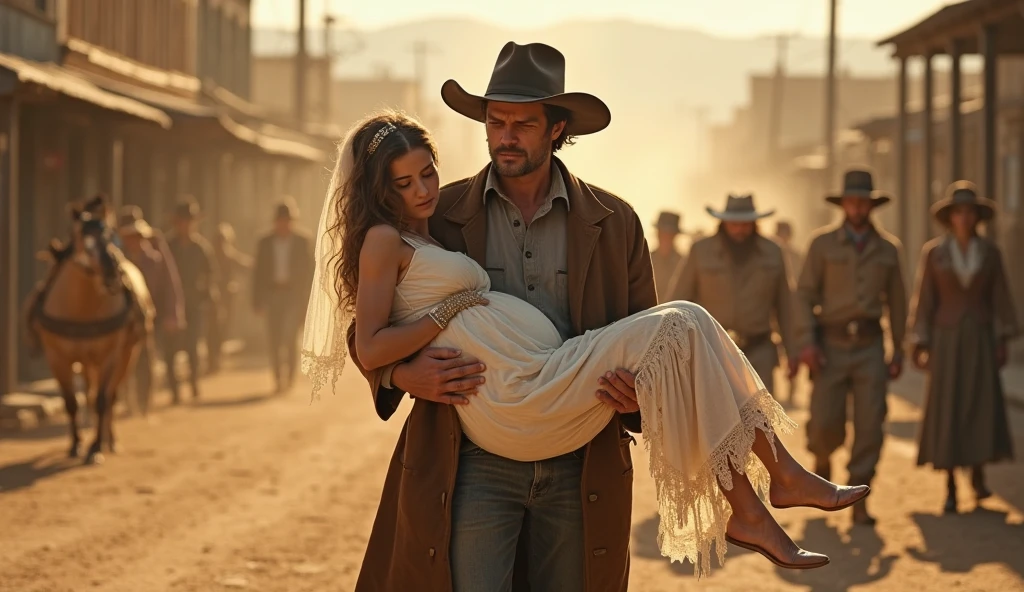 Foto hiperrealista en primer plano de Willa Fitzgerald, masterpiece, best quality, (photorealistic:1.4), (cowboy outfit, jacket over long shirt, dirty pants, cowboy hat) Create dystopian masterpieces. Western theme, dusty atmosphere, wooden buildings, a setting sun casting long shadows, aged and worn costumes, anticipation in the air, intense standoff, empty street, deserted town, beautiful woman, skinny, bend over, head completly bend over, eyes closed, mouth open, she is having together with her lover secret finally they can have sex ((the photo is from his side)) ((he is grabbing her hair from behind verys trongly , straight brown hair, detailed face, smile, photo taken from a distance, age 20 tears old