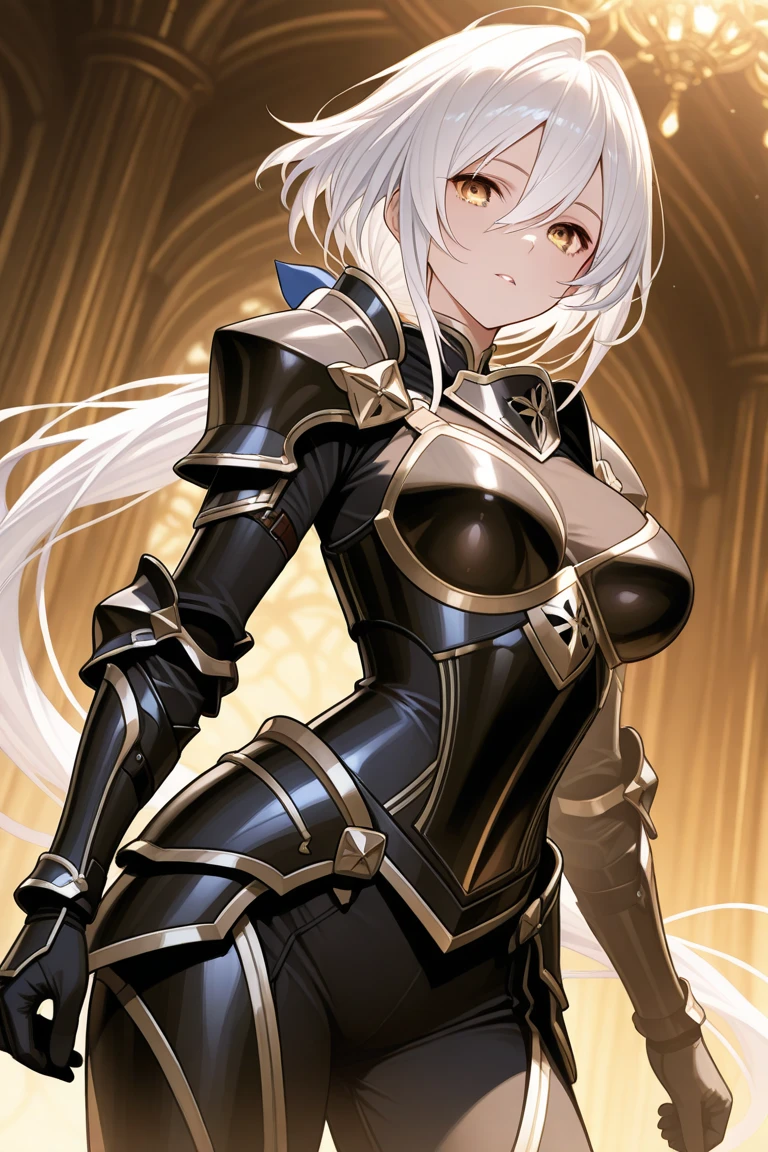 Anime - style image of a woman in armor standing on a doorway, Menina da armadura, pale black armor, cavaleiro feminino, com armadura prateada elegante, retrato cavaleiro feminino, armadura impressionante, armadura bonita, gorgeous female paladin, de uma bela cavaleiro feminina, Bikini Armor Cavaleiro Feminino, armadura cinza, armadura grossa, arte oficial altamente detalhada, menina na armadura do cavaleiro, cavaleiro feminino bonito
