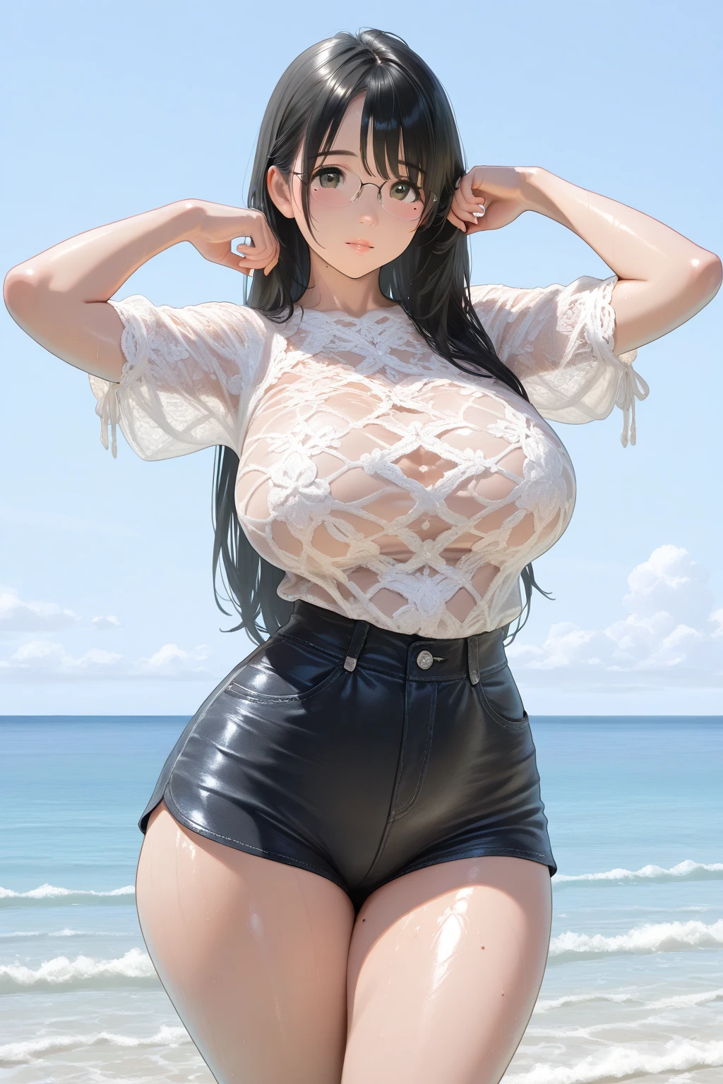 ((Best quality)), ((mastepiece)), (detailled), chubby woman, black long hair, green eyes, too tight top riding up belly, too tight jeans shorts, muffin top, standing at beach