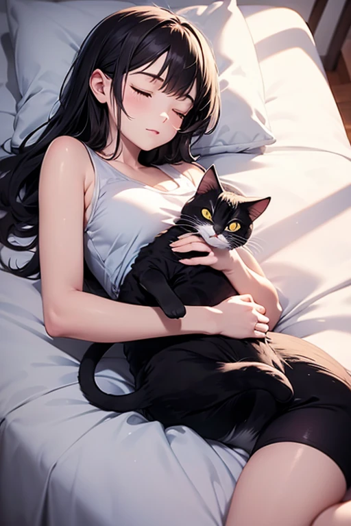 1girl,solo,cat girl,blunt bangs,hair ornament,(:3),long hair,Hoodies_Cat pattern,cat_thighhighs,from above,Cats and cats cuddle in cardboard boxes,best quality,masterpiece,highres,official art,(extremely detailed cg unity 8k wallpaper),Lie in a cardboard box,